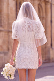 White Floral Bodycon High Neck Short Boho Wedding Dress with Sleeves