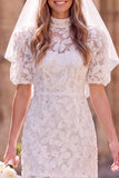White Floral Bodycon High Neck Short Boho Wedding Dress with Sleeves