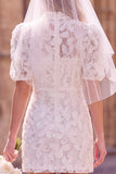 White Floral Bodycon High Neck Short Boho Wedding Dress with Sleeves