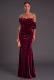 Burgundy Velvet Mermaid Off the Shoulder Ruched Long Formal Dress
