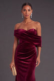 Burgundy Velvet Mermaid Off the Shoulder Ruched Long Formal Dress