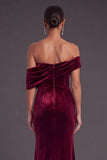 Burgundy Velvet Mermaid Off the Shoulder Ruched Long Formal Dress
