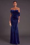 Burgundy Velvet Mermaid Off the Shoulder Ruched Long Formal Dress