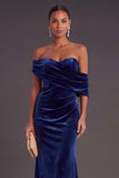 Burgundy Velvet Mermaid Off the Shoulder Ruched Long Formal Dress