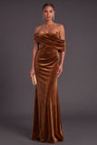 Burgundy Velvet Mermaid Off the Shoulder Ruched Long Formal Dress