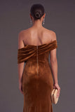 Burgundy Velvet Mermaid Off the Shoulder Ruched Long Formal Dress