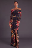 Black Red Floral Mermaid Off the Shoulder Ruched Long Formal Dress with Slit