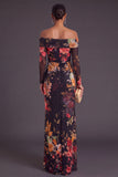 Black Red Floral Mermaid Off the Shoulder Ruched Long Formal Dress with Slit