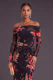 Black Red Floral Mermaid Off the Shoulder Ruched Long Formal Dress with Slit