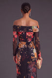 Black Red Floral Mermaid Off the Shoulder Ruched Long Formal Dress with Slit