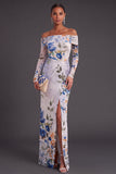 Black Red Floral Mermaid Off the Shoulder Ruched Long Formal Dress with Slit