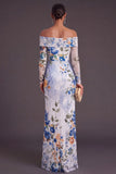 Black Red Floral Mermaid Off the Shoulder Ruched Long Formal Dress with Slit