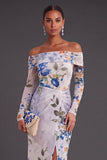 Black Red Floral Mermaid Off the Shoulder Ruched Long Formal Dress with Slit