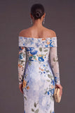 Black Red Floral Mermaid Off the Shoulder Ruched Long Formal Dress with Slit
