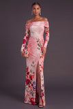 Black Red Floral Mermaid Off the Shoulder Ruched Long Formal Dress with Slit