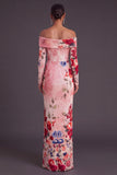 Black Red Floral Mermaid Off the Shoulder Ruched Long Formal Dress with Slit