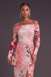 Black Red Floral Mermaid Off the Shoulder Ruched Long Formal Dress with Slit