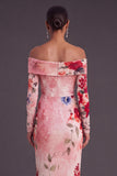 Black Red Floral Mermaid Off the Shoulder Ruched Long Formal Dress with Slit