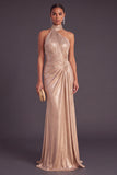 Metallic Champagne Mermaid High Neck Ruched Long Formal Dress