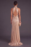 Metallic Champagne Mermaid High Neck Ruched Long Formal Dress