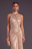 Metallic Champagne Mermaid High Neck Ruched Long Formal Dress