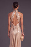 Metallic Champagne Mermaid High Neck Ruched Long Formal Dress