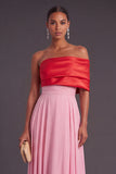 Pink Ruched Off the Shoulder A-Line Long Formal Dress