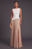 White Champagne Boat Neck Pleated Long Formal Dress with Slit