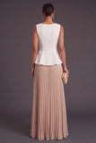 White Champagne Boat Neck Pleated Long Formal Dress with Slit