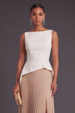 White Champagne Boat Neck Pleated Long Formal Dress with Slit