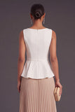 White Champagne Boat Neck Pleated Long Formal Dress with Slit