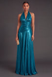 Blue Metallic A-Line Halter Ruched Long Formal Dress
