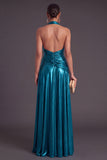 Blue Metallic A-Line Halter Ruched Long Formal Dress