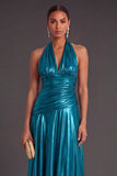 Blue Metallic A-Line Halter Ruched Long Formal Dress