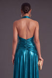 Blue Metallic A-Line Halter Ruched Long Formal Dress