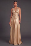 Blue Metallic A-Line Halter Ruched Long Formal Dress