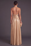 Blue Metallic A-Line Halter Ruched Long Formal Dress