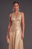 Blue Metallic A-Line Halter Ruched Long Formal Dress