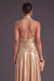 Blue Metallic A-Line Halter Ruched Long Formal Dress