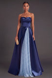 Navy A-Line Strapless Satin Long Formal Dress with Pearls