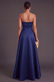 Navy A-Line Strapless Satin Long Formal Dress with Pearls
