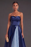 Navy A-Line Strapless Satin Long Formal Dress with Pearls