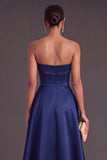 Navy A-Line Strapless Satin Long Formal Dress with Pearls