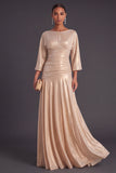 Champagne Metallic A-Line Boat Neck Ruched 3/4 Sleeves Long Formal Dress