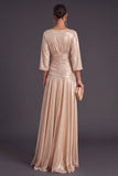 Champagne Metallic A-Line Boat Neck Ruched 3/4 Sleeves Long Formal Dress