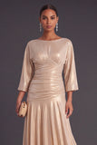 Champagne Metallic A-Line Boat Neck Ruched 3/4 Sleeves Long Formal Dress