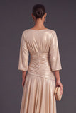 Champagne Metallic A-Line Boat Neck Ruched 3/4 Sleeves Long Formal Dress