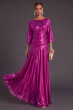 Champagne Metallic A-Line Boat Neck Ruched 3/4 Sleeves Long Formal Dress
