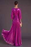 Champagne Metallic A-Line Boat Neck Ruched 3/4 Sleeves Long Formal Dress