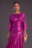 Champagne Metallic A-Line Boat Neck Ruched 3/4 Sleeves Long Formal Dress